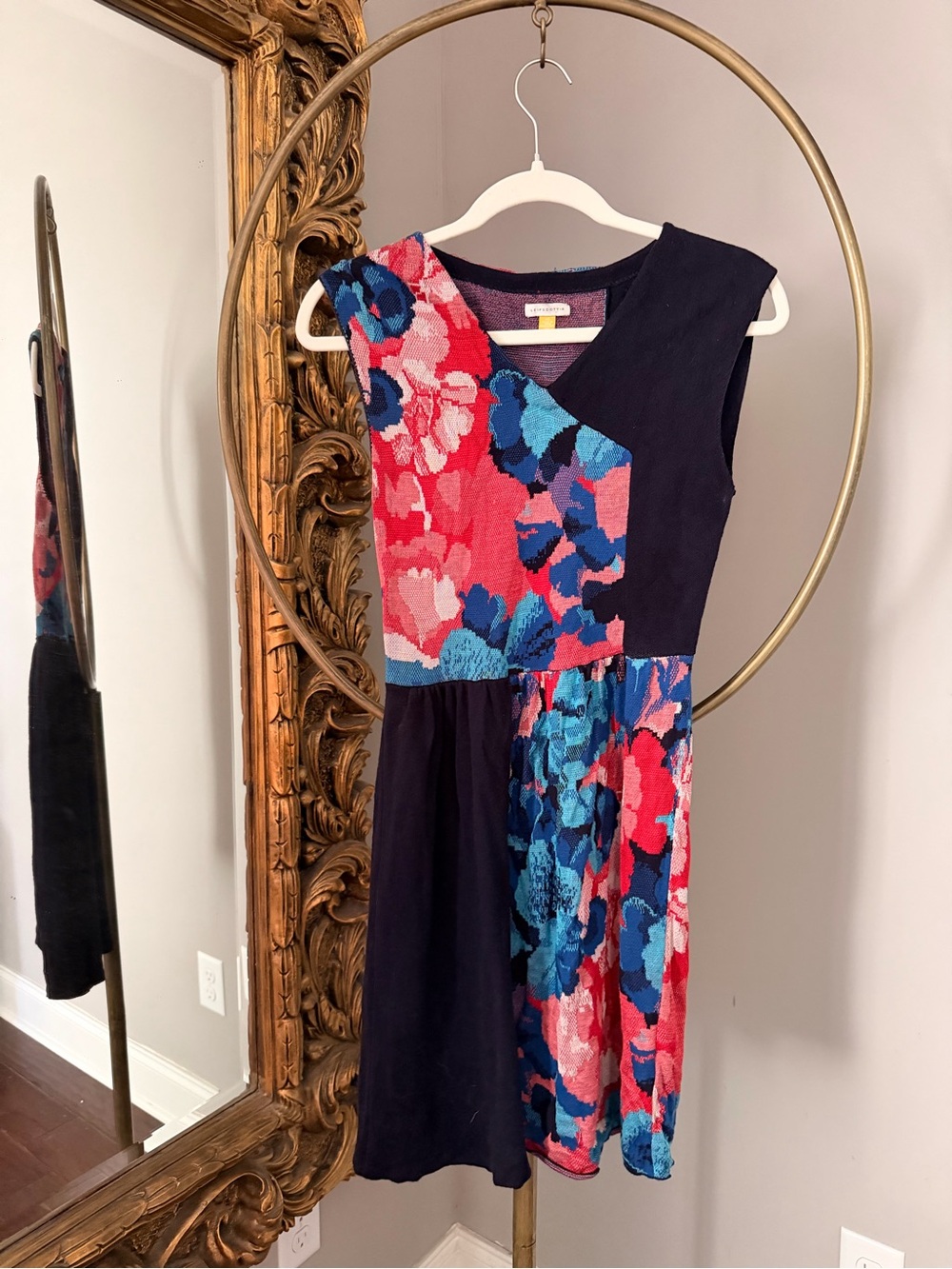 Anthropologie leifsdottir Black Dress with Blue & Red Floral Panels